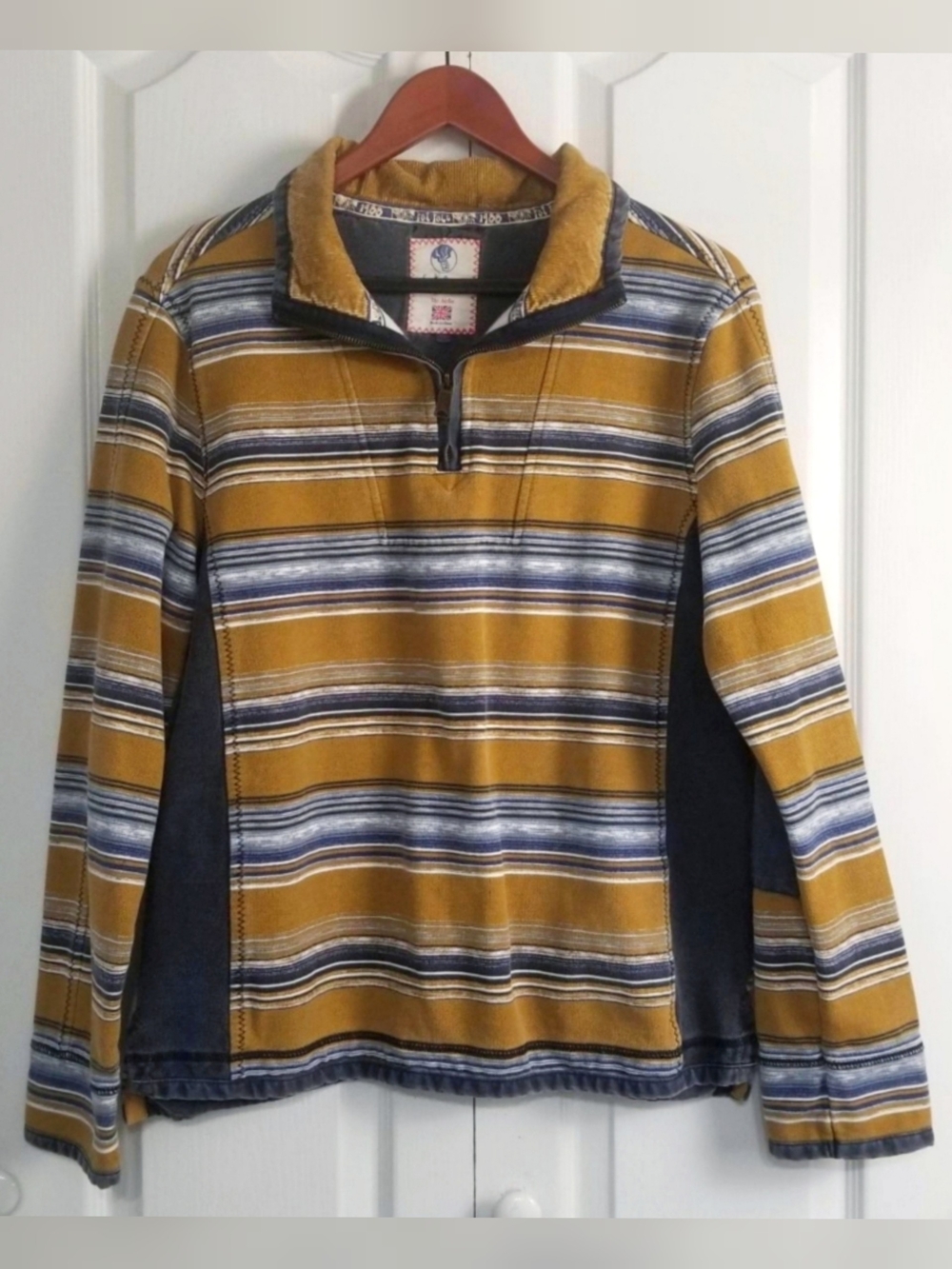 Fat Face Airlie 1/4 Zip Pullover Sweater Mustard Navy Striped Men's Medium